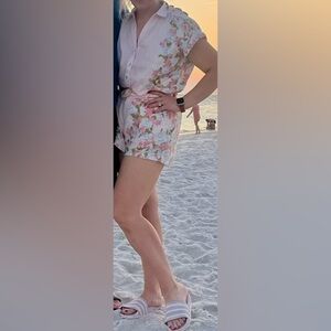100% Linen Pink and Green Two-Piece Short and Top Set Size Medium